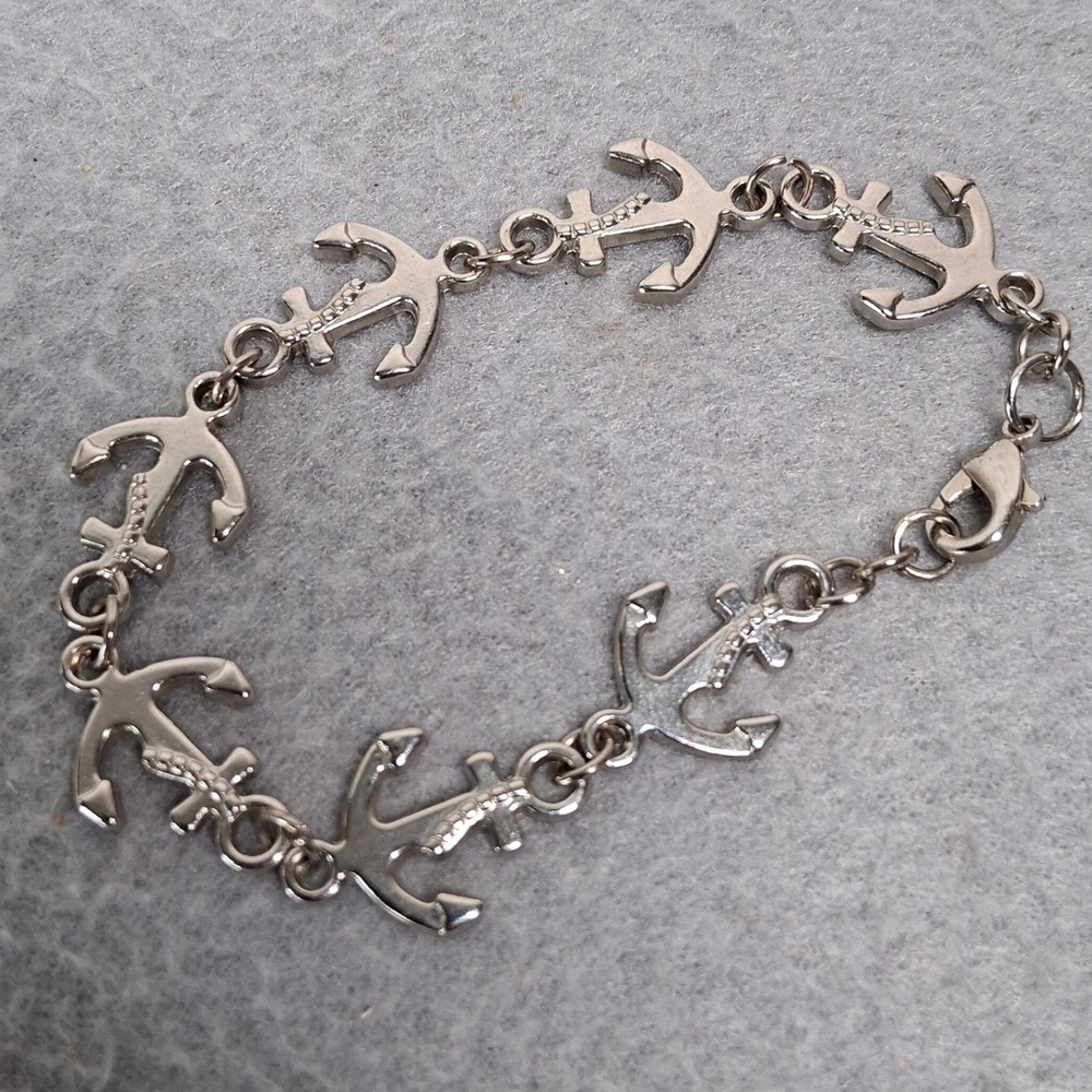 Silver Tone Anchor Link Nautical Bracelet Lobster Claw Clasp 6.5 Inch